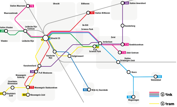 De originele netwerkkaart van de U-Link bussen. De lijnen zijn dunner en overzichtelijker dan in de definitieve kaart.