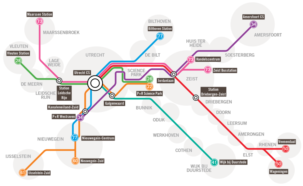 De U-linkkaart zoals deze momenteel gebruikt wordt. Sommige kleuren zijn anders, lijnen zijn dikker en staan in de stad dichter bij elkaar.